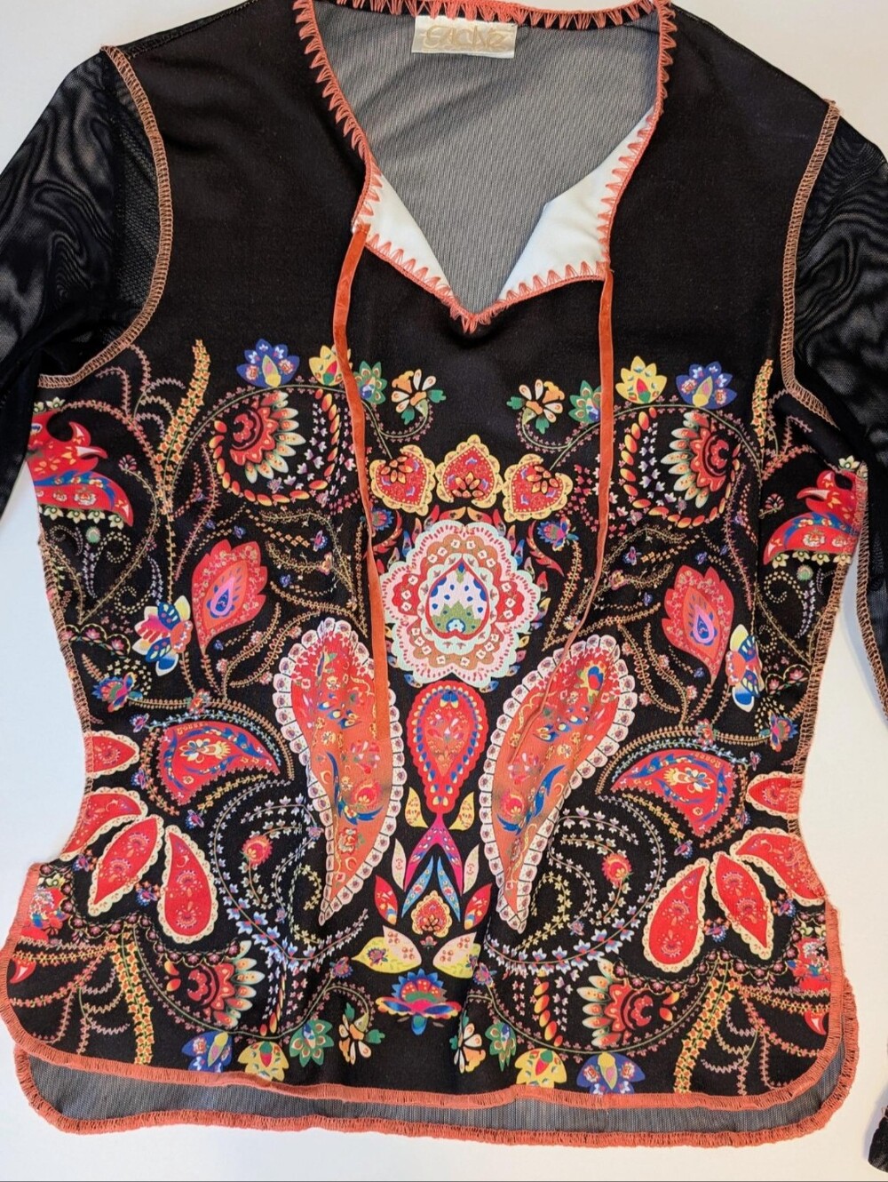 2000's Caché Beaded Sheer Mystic Mesh Sequin Art to Wear Blouse Small - Picture 4 of 11